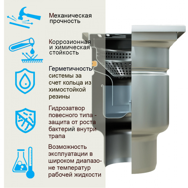 Комплект: Трап профессиональный 400х400 мм с вертикальным выпуском Ф160 мм, нержавеющая сталь